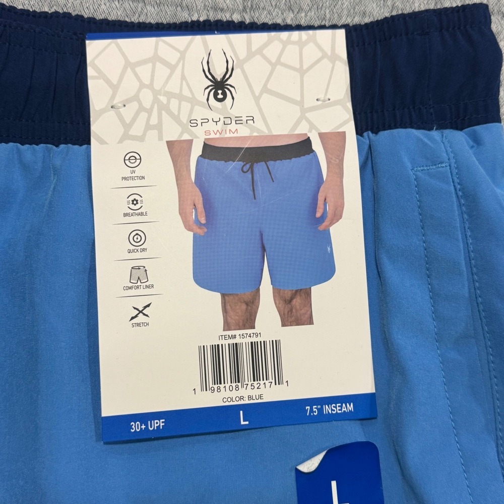New‎ Spyder Stretch Swim Trunks Men's Large 7.5 Inseam Lined Shorts 30+UPF Blue